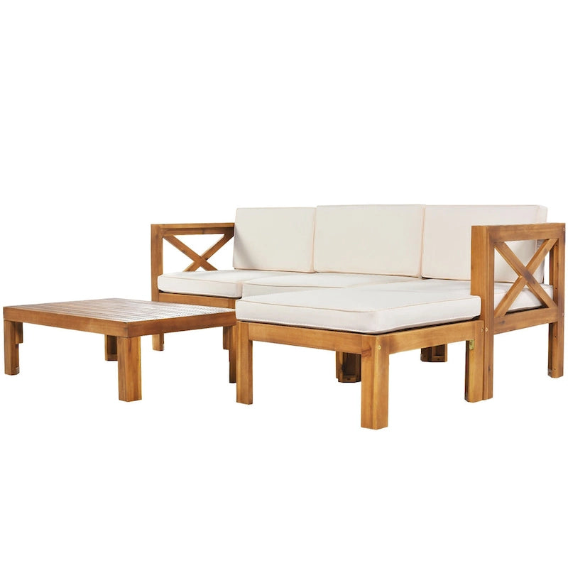 5-Piece Outdoor Patio Solid Wood Sectional Sofa with Coffee Table and Cushions
