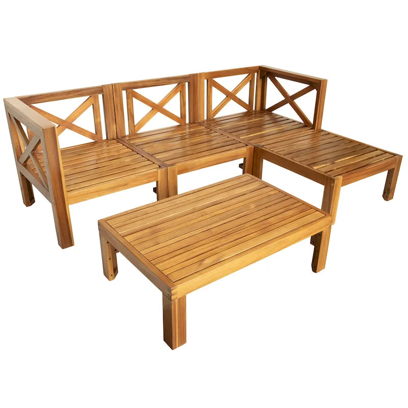5-Piece Outdoor Patio Solid Wood Sectional Sofa with Coffee Table and Cushions