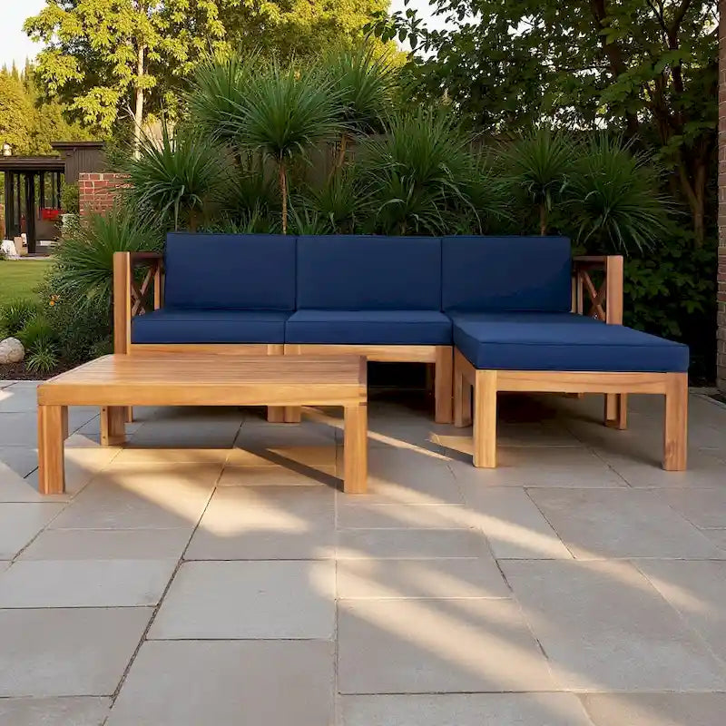 5-Piece Outdoor Patio Solid Wood Sectional Sofa with Coffee Table and Cushions