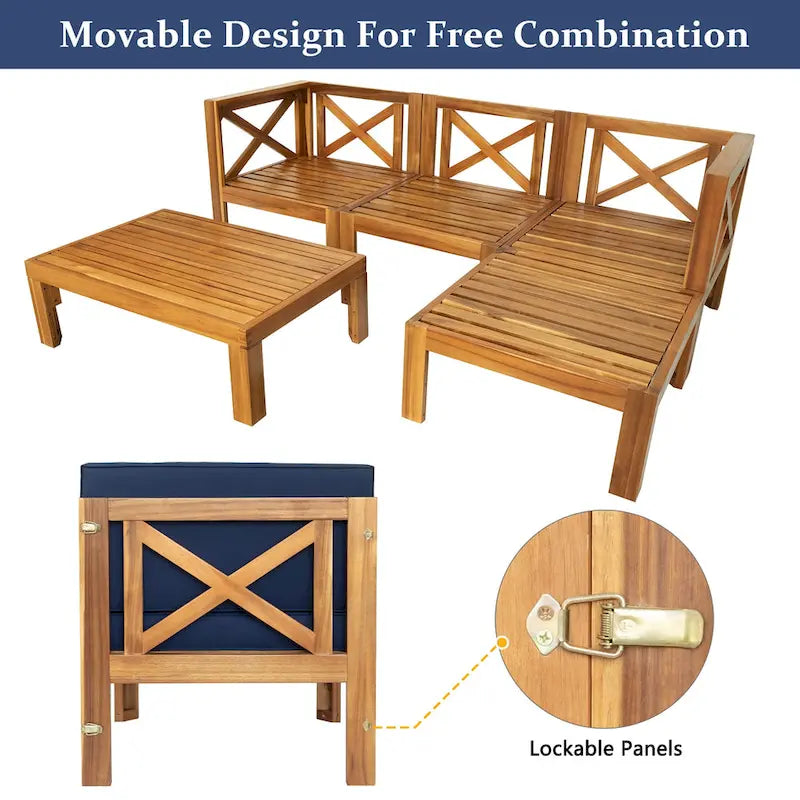 5-Piece Outdoor Patio Solid Wood Sectional Sofa with Coffee Table and Cushions