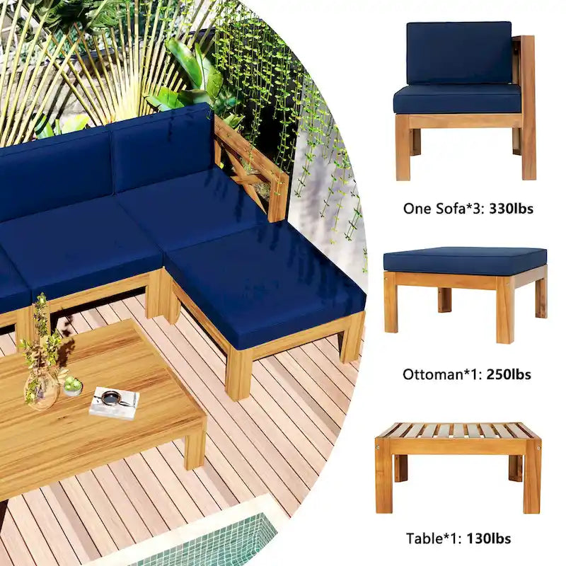 5-Piece Outdoor Patio Solid Wood Sectional Sofa with Coffee Table and Cushions
