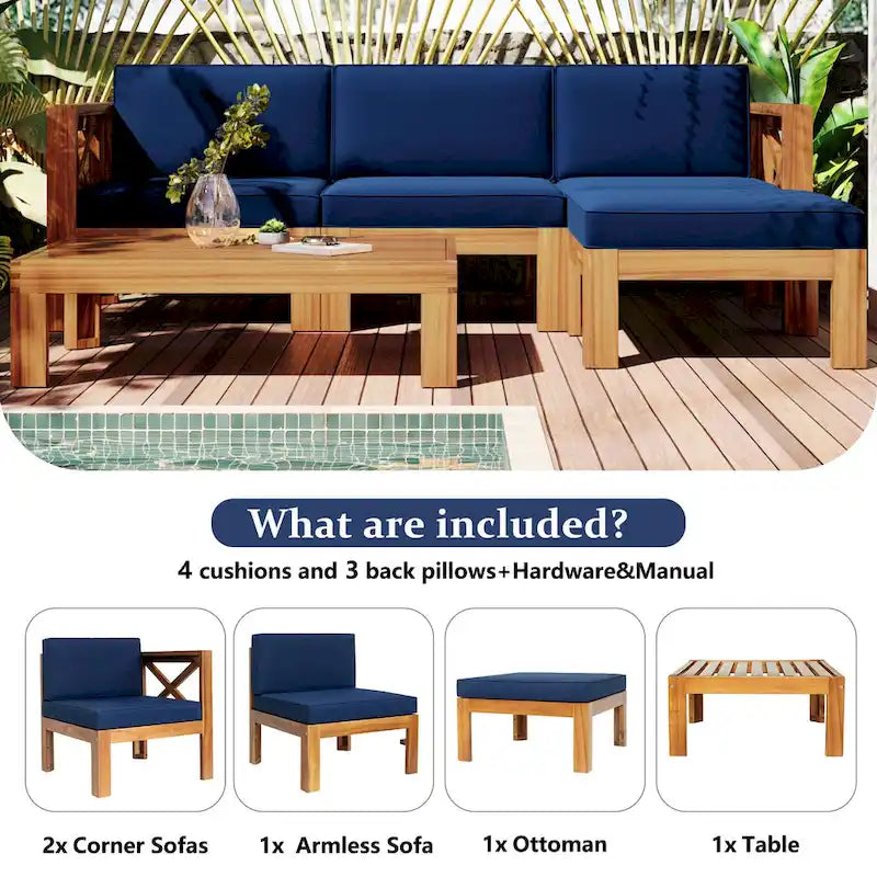 5-Piece Outdoor Patio Solid Wood Sectional Sofa with Coffee Table and Cushions