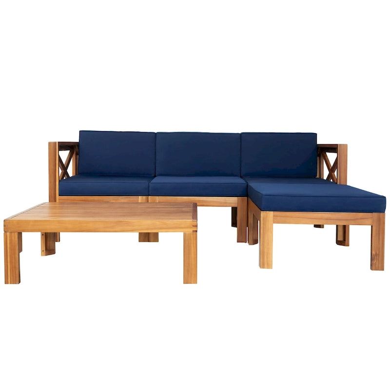 5-Piece Outdoor Patio Solid Wood Sectional Sofa with Coffee Table and Cushions