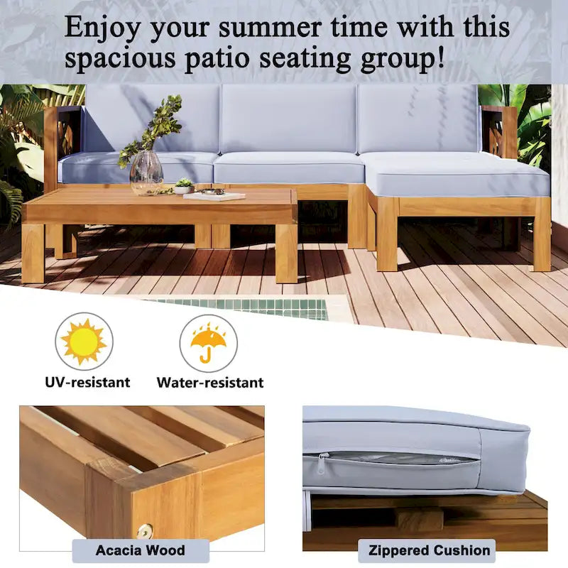 5-Piece Outdoor Patio Solid Wood Sectional Sofa with Coffee Table and Cushions