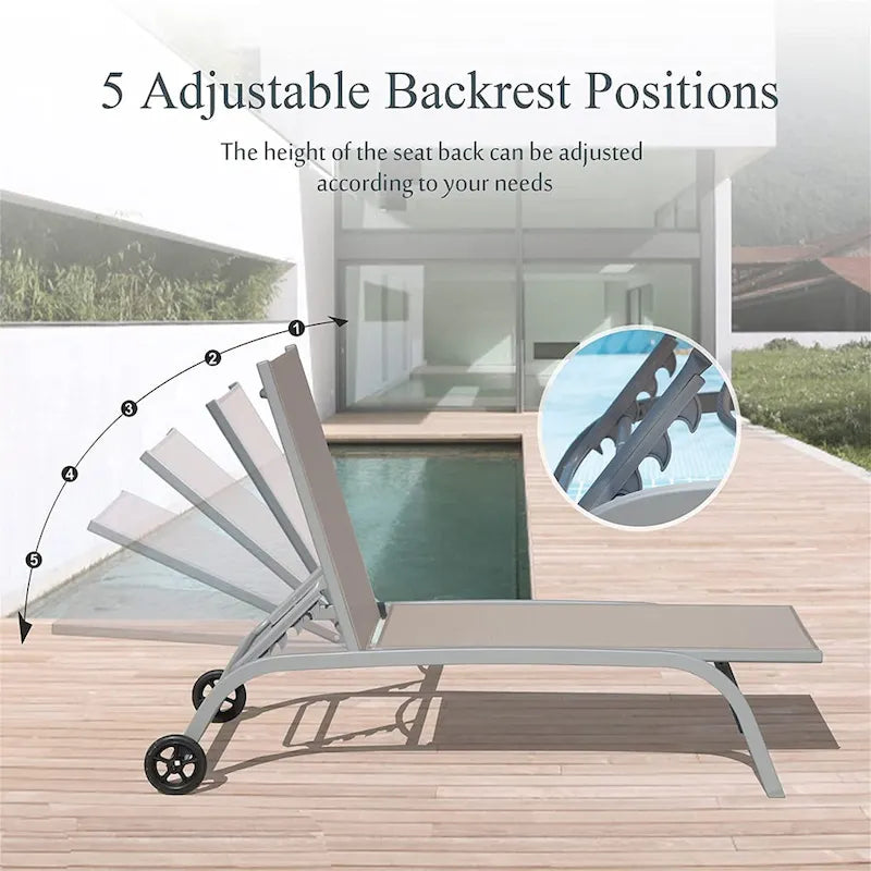 Chaise Lounge Outdoor Set of 3 with Wheels, 5 Adjustable Position, Pool Lounge Chairs with 1 Table for Patio, Beach, Iawn