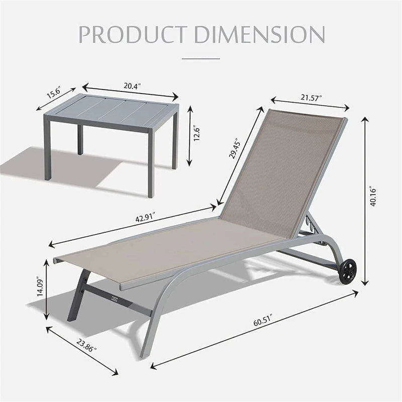 Chaise Lounge Outdoor Set of 3 with Wheels, 5 Adjustable Position, Pool Lounge Chairs with 1 Table for Patio, Beach, Iawn