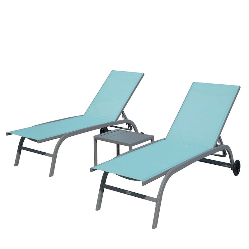 Chaise Lounge Outdoor Set of 3 with Wheels, 5 Adjustable Position, Pool Lounge Chairs with 1 Table for Patio, Beach, Iawn