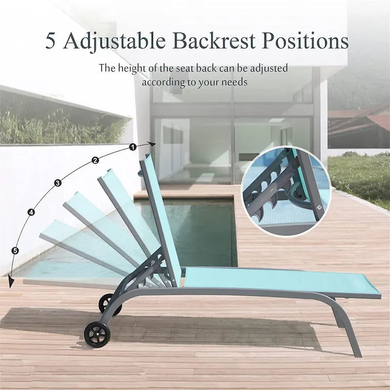 Chaise Lounge Outdoor Set of 3 with Wheels, 5 Adjustable Position, Pool Lounge Chairs with 1 Table for Patio, Beach, Iawn