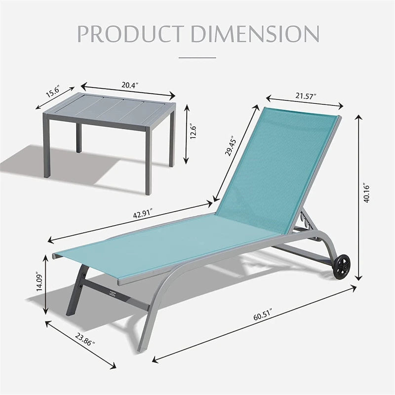 Chaise Lounge Outdoor Set of 3 with Wheels, 5 Adjustable Position, Pool Lounge Chairs with 1 Table for Patio, Beach, Iawn