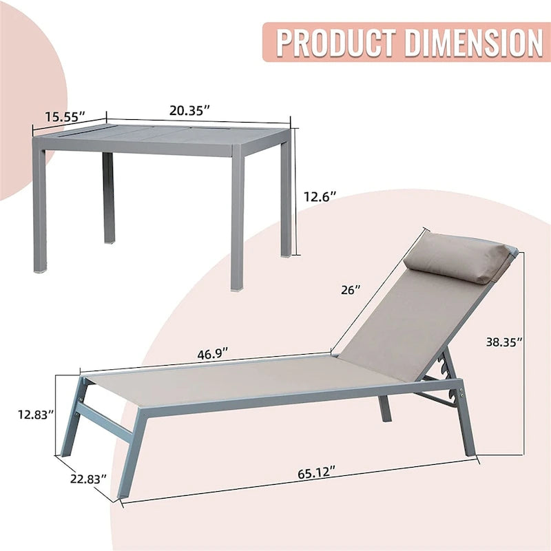 Patio Chaise Lounge Set of 3, Aluminum Lounge Chairs with 5 Adjustable Positions for Pool, Deck, Garden, Backyard, 1 Table