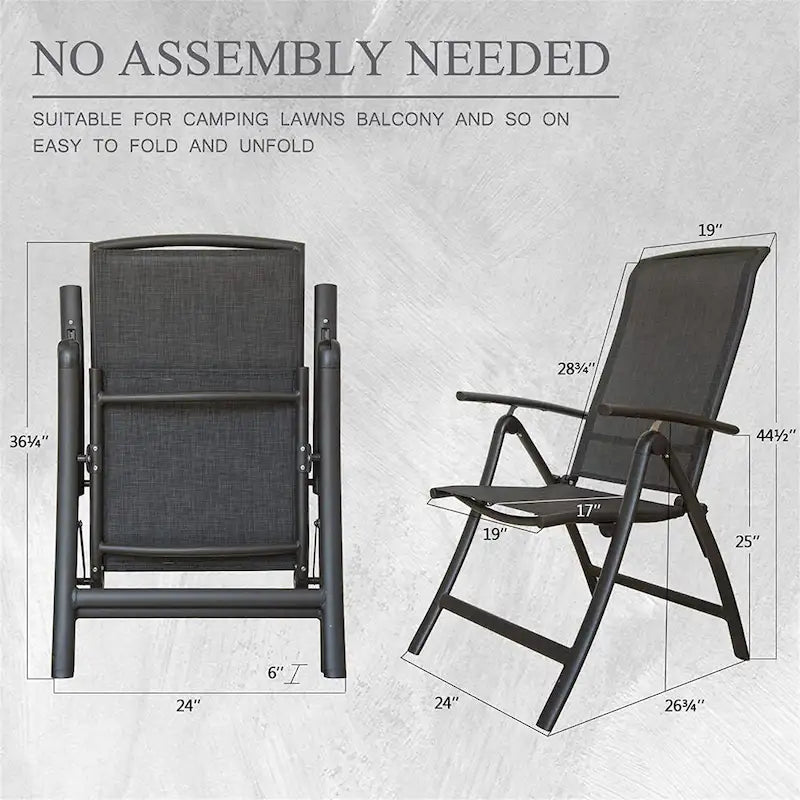 Folding Patio Chairs Set of 2, Aluminium Frame Reclining Sling Lawn Chairs with Adjustable High Backrest