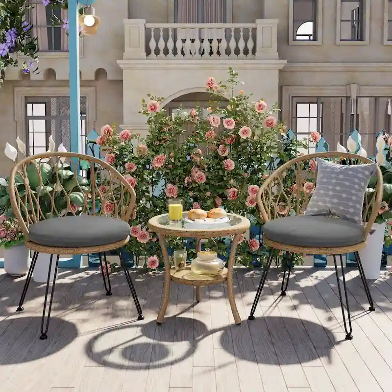 Outdoor Leisure Set, 2 Rattan Single Chairs with 1 Glass Round Table