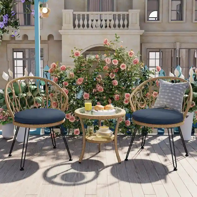 Outdoor Leisure Set, 2 Rattan Single Chairs with 1 Glass Round Table