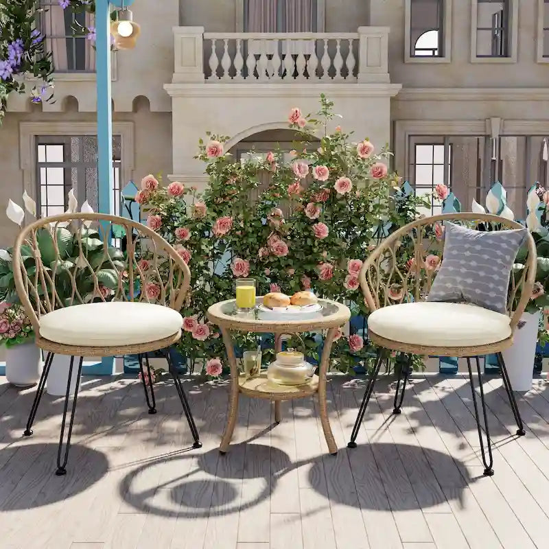 Outdoor Leisure Set, 2 Rattan Single Chairs with 1 Glass Round Table