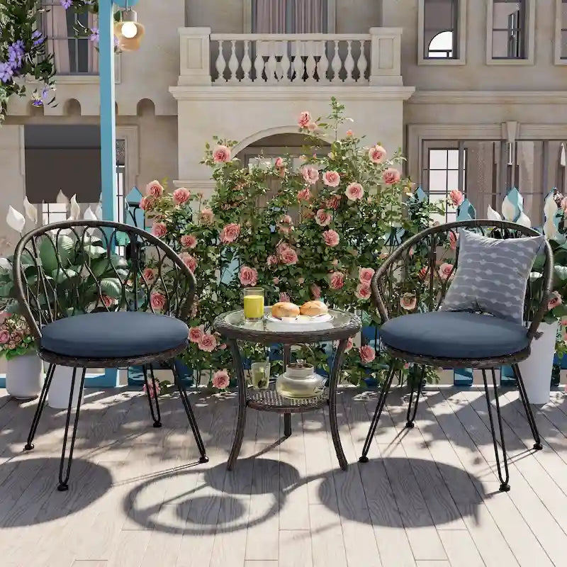 Outdoor Leisure Set, 2 Rattan Single Chairs with 1 Glass Round Table