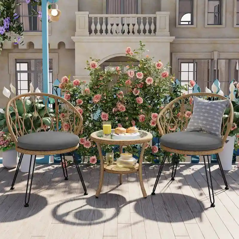 Outdoor Leisure Set, 2 Rattan Single Chairs with 1 Glass Round Table