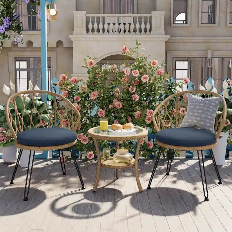 Outdoor Leisure Set, 2 Rattan Single Chairs with 1 Glass Round Table