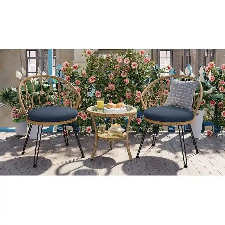 Outdoor Leisure Set, 2 Rattan Single Chairs with 1 Glass Round Table