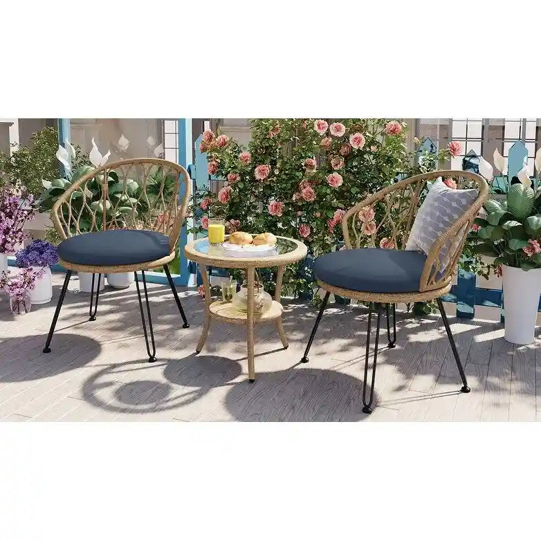 Outdoor Leisure Set, 2 Rattan Single Chairs with 1 Glass Round Table