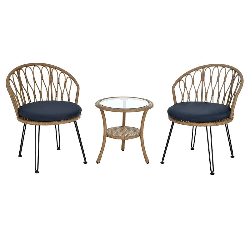 Outdoor Leisure Set, 2 Rattan Single Chairs with 1 Glass Round Table