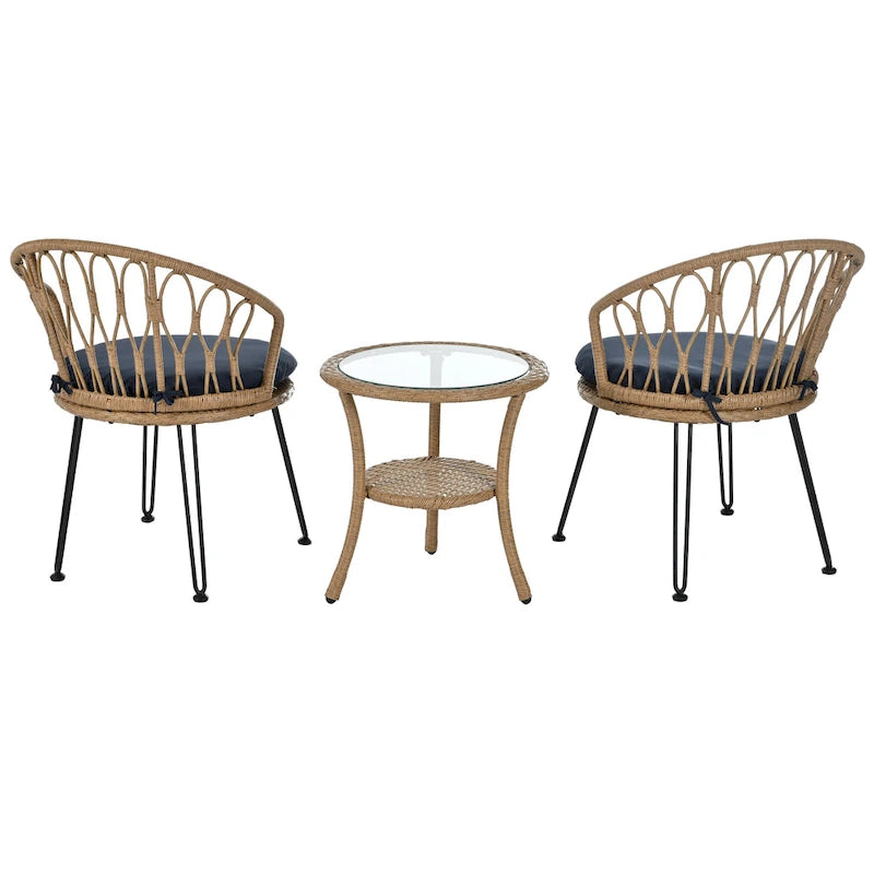 Outdoor Leisure Set, 2 Rattan Single Chairs with 1 Glass Round Table