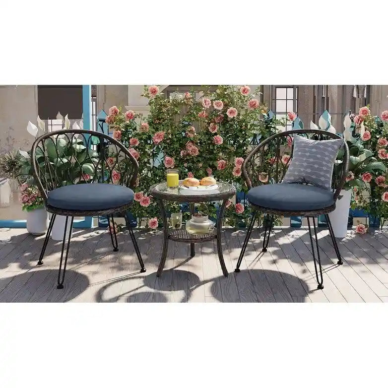 Outdoor Leisure Set, 2 Rattan Single Chairs with 1 Glass Round Table