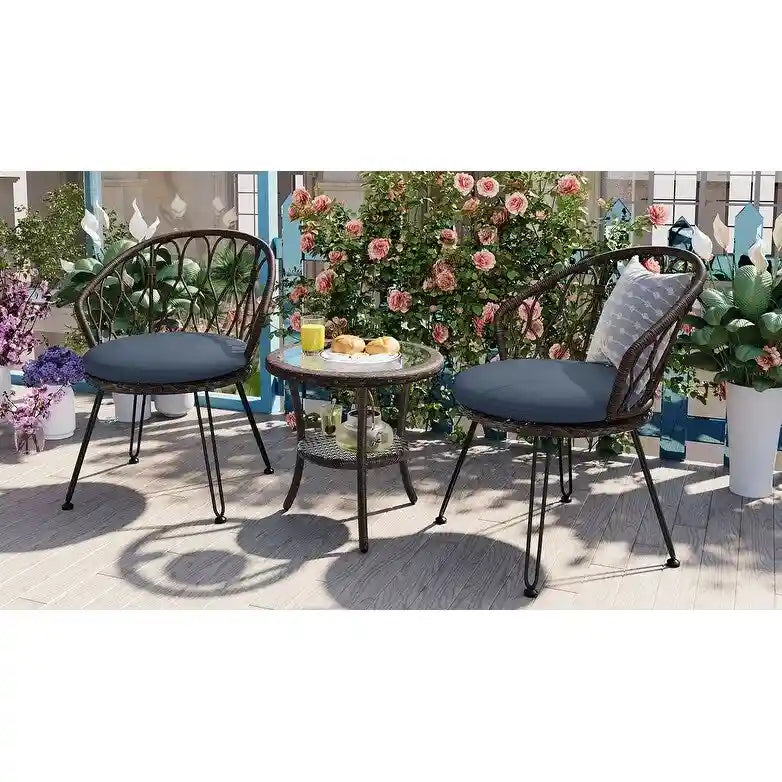 Outdoor Leisure Set, 2 Rattan Single Chairs with 1 Glass Round Table