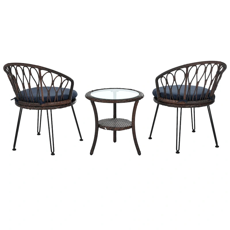 Outdoor Leisure Set, 2 Rattan Single Chairs with 1 Glass Round Table