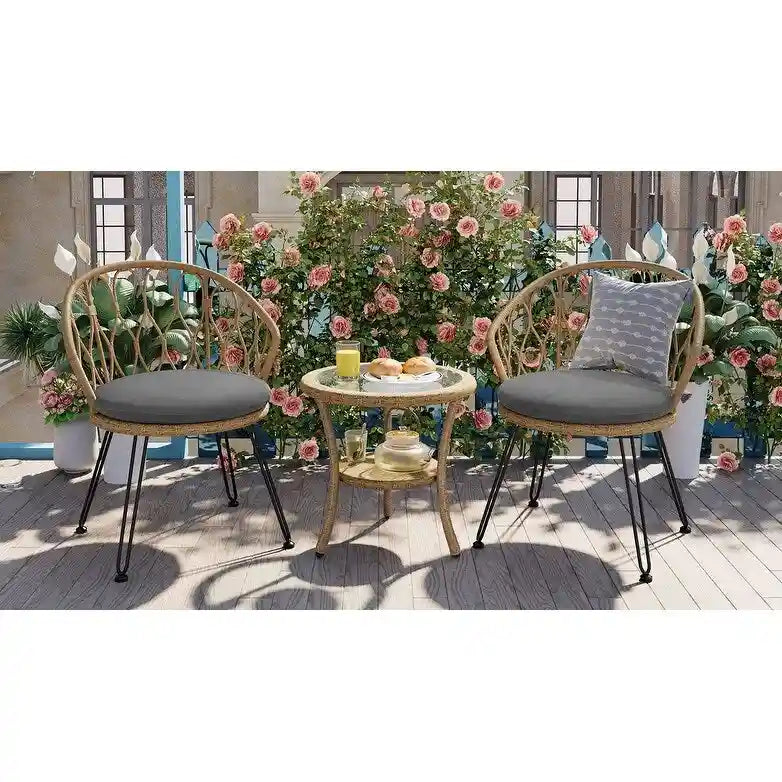 Outdoor Leisure Set, 2 Rattan Single Chairs with 1 Glass Round Table