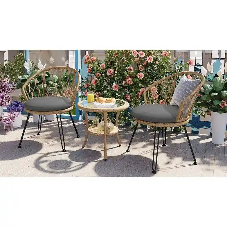 Outdoor Leisure Set, 2 Rattan Single Chairs with 1 Glass Round Table