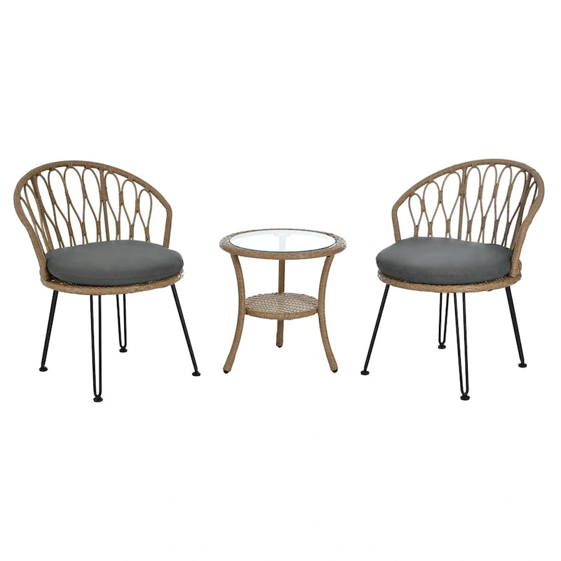 Outdoor Leisure Set, 2 Rattan Single Chairs with 1 Glass Round Table