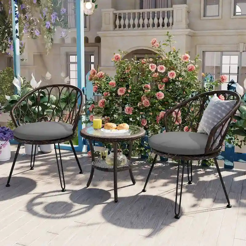 Outdoor Leisure Set, 2 Rattan Single Chairs with 1 Glass Round Table