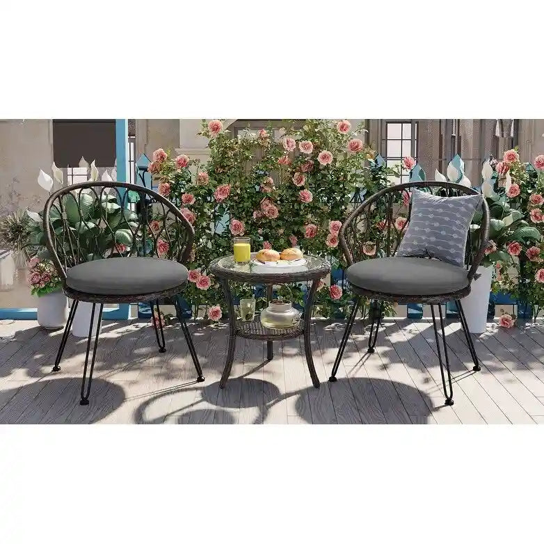 Outdoor Leisure Set, 2 Rattan Single Chairs with 1 Glass Round Table