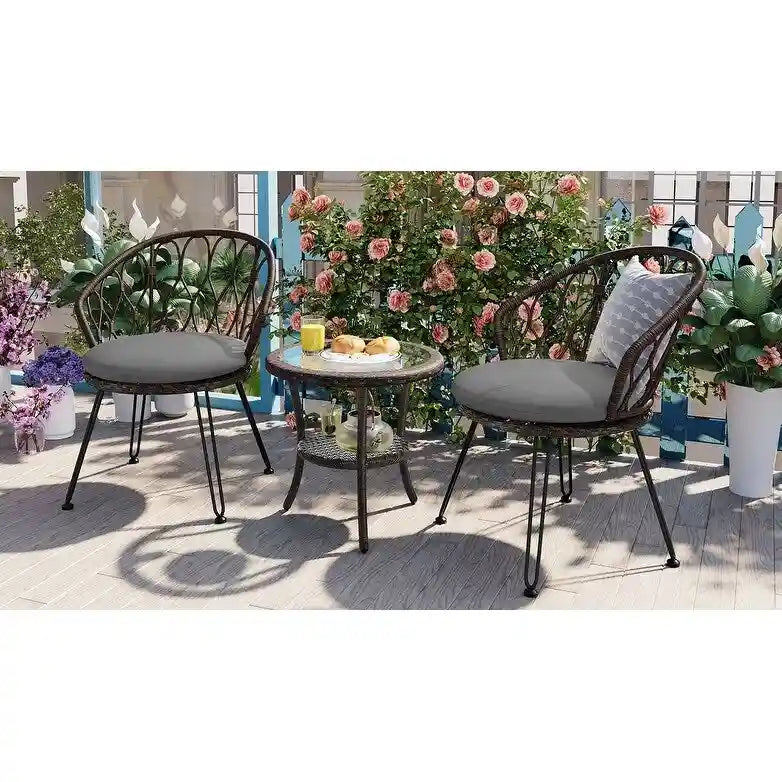 Outdoor Leisure Set, 2 Rattan Single Chairs with 1 Glass Round Table