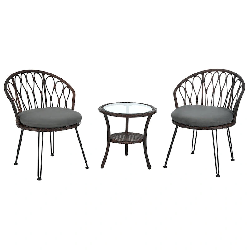 Outdoor Leisure Set, 2 Rattan Single Chairs with 1 Glass Round Table
