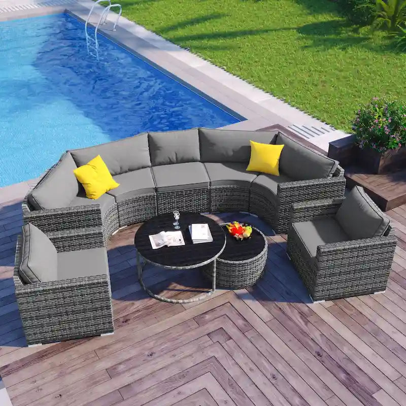 9-Pieces Outdoor Half-moon Patio Sofa Set