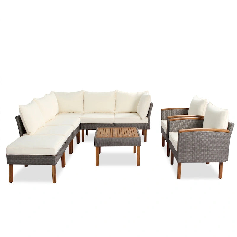 9-Piece Patio Rattan Conversation Set with Coffee Table & Washable Cushion