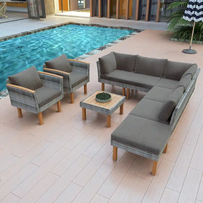 9-Piece Patio Rattan Conversation Set with Coffee Table & Washable Cushion