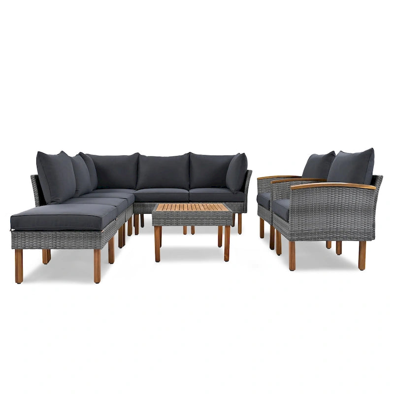 9-Piece Patio Rattan Conversation Set with Coffee Table & Washable Cushion