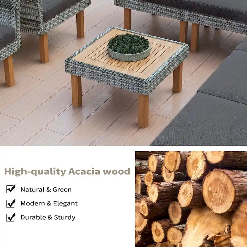 9-Piece Patio Rattan Conversation Set with Coffee Table & Washable Cushion