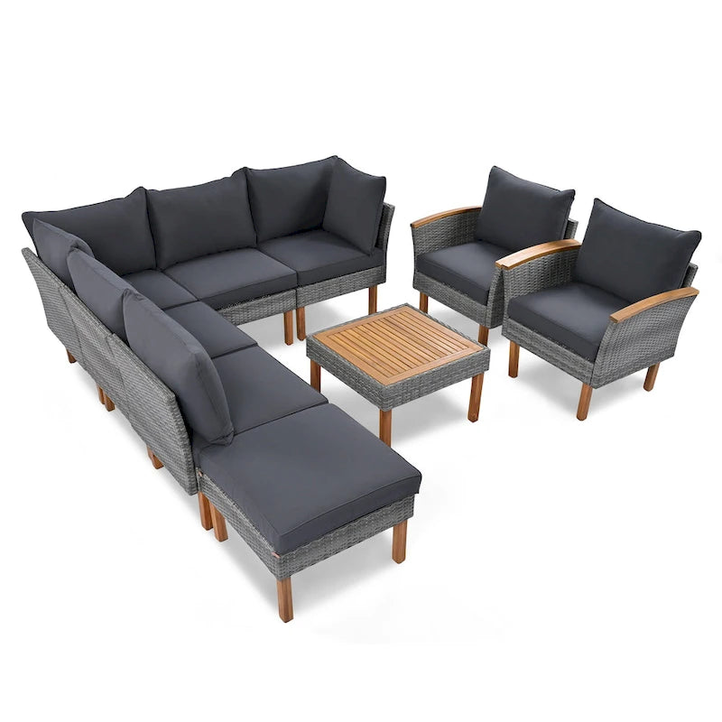 9-Piece Patio Rattan Conversation Set with Coffee Table & Washable Cushion