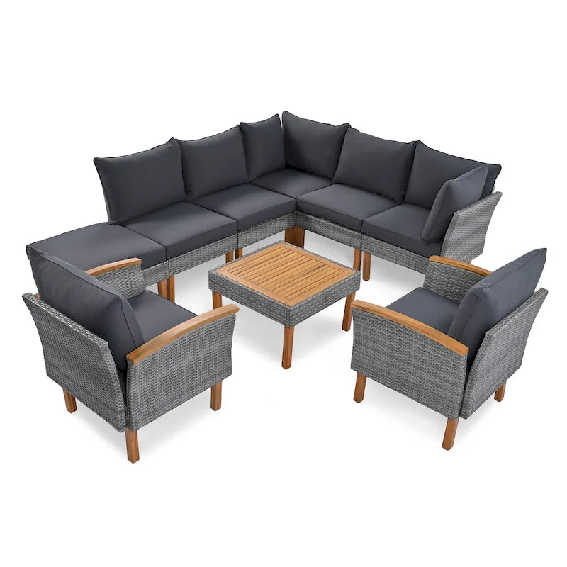 9-Piece Patio Rattan Conversation Set with Coffee Table & Washable Cushion