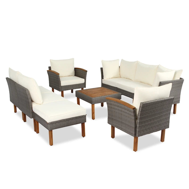 9-Piece Patio Rattan Conversation Set with Coffee Table & Washable Cushion