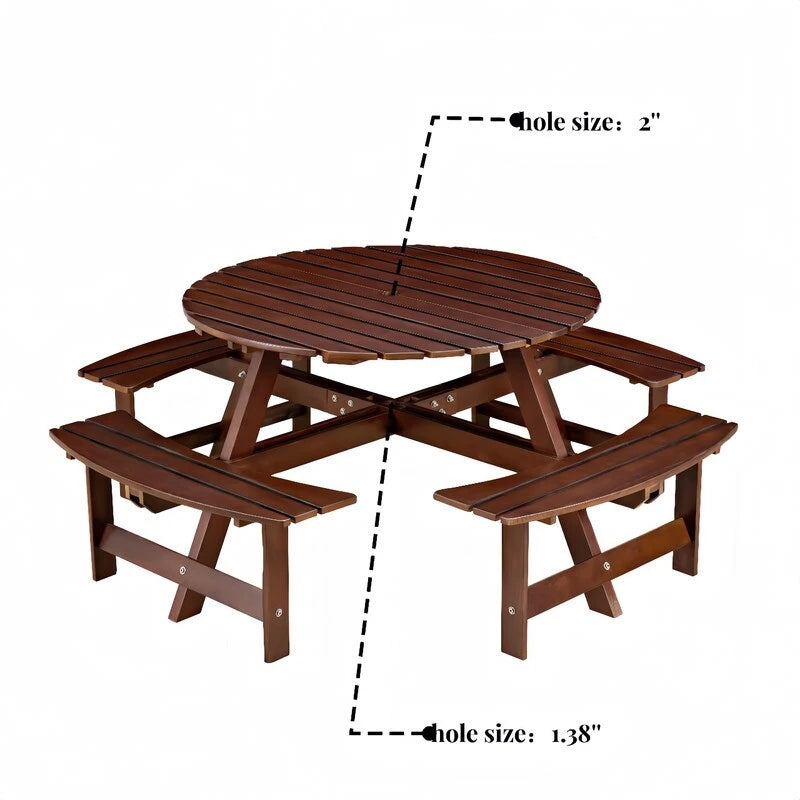 8-Seater Round Outdoor Dining Set With 4 Integrated Benches & Umbrella Hole  Ideal For Garden, Backyard, Porch & Patio .