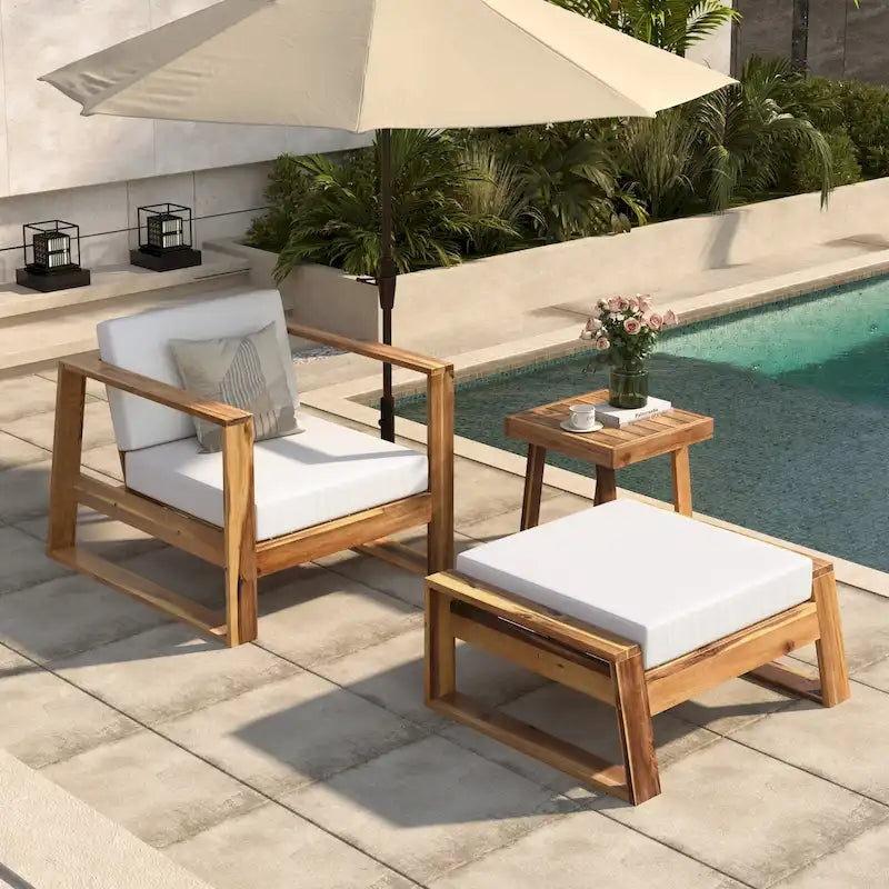 Acacia Wood Outdoor Lounge Set - Chair & Ottoman
