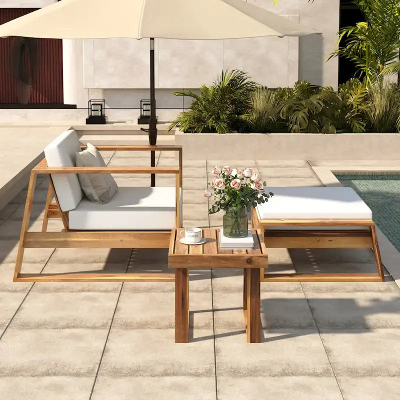 Acacia Wood Outdoor Lounge Set - Chair & Ottoman