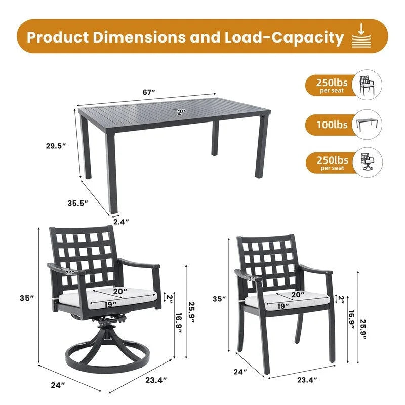 Modern 7-Piece Patio Set-Rectangular Table & 6 Chairs (2 Swivel Rockers)-Cast Aluminum- Sunbrella Cushions-Weatherproof