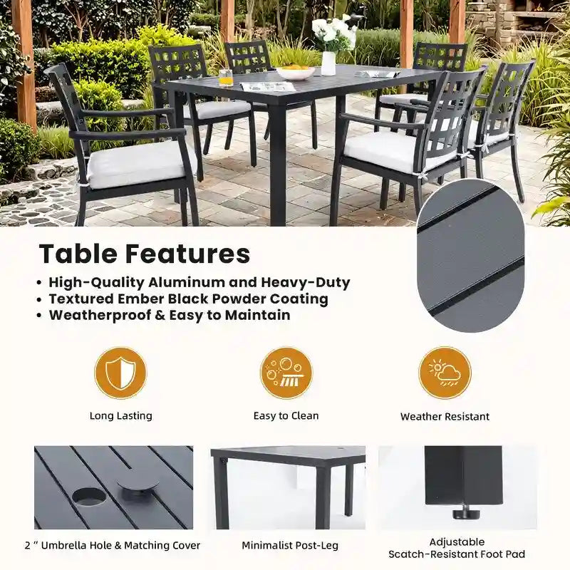 Modern 7-Piece Patio Set-Rectangular Table & 6 Chairs (2 Swivel Rockers)-Cast Aluminum- Sunbrella Cushions-Weatherproof