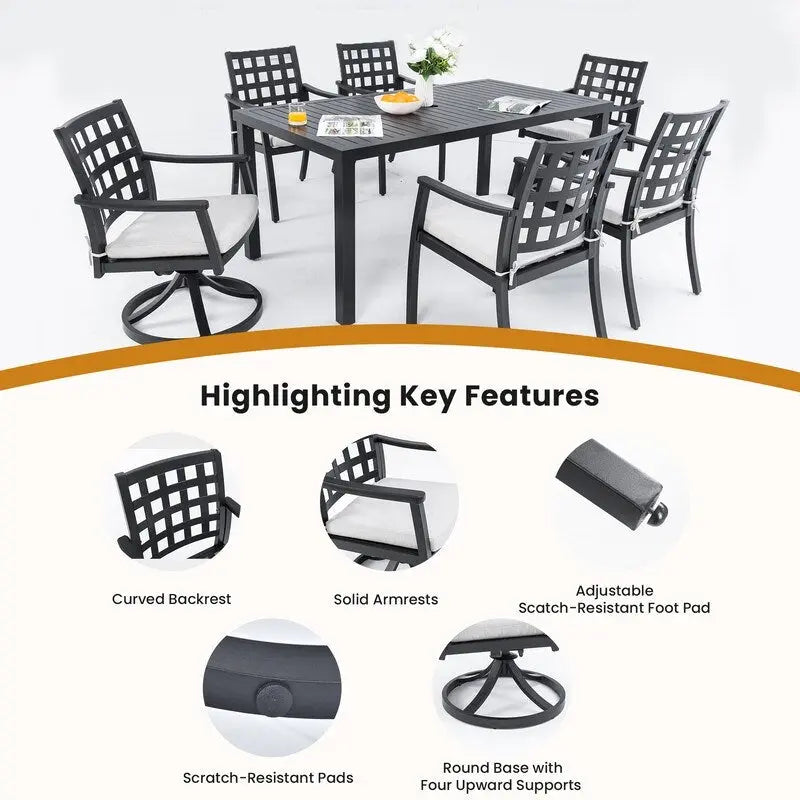 Modern 7-Piece Patio Set-Rectangular Table & 6 Chairs (2 Swivel Rockers)-Cast Aluminum- Sunbrella Cushions-Weatherproof