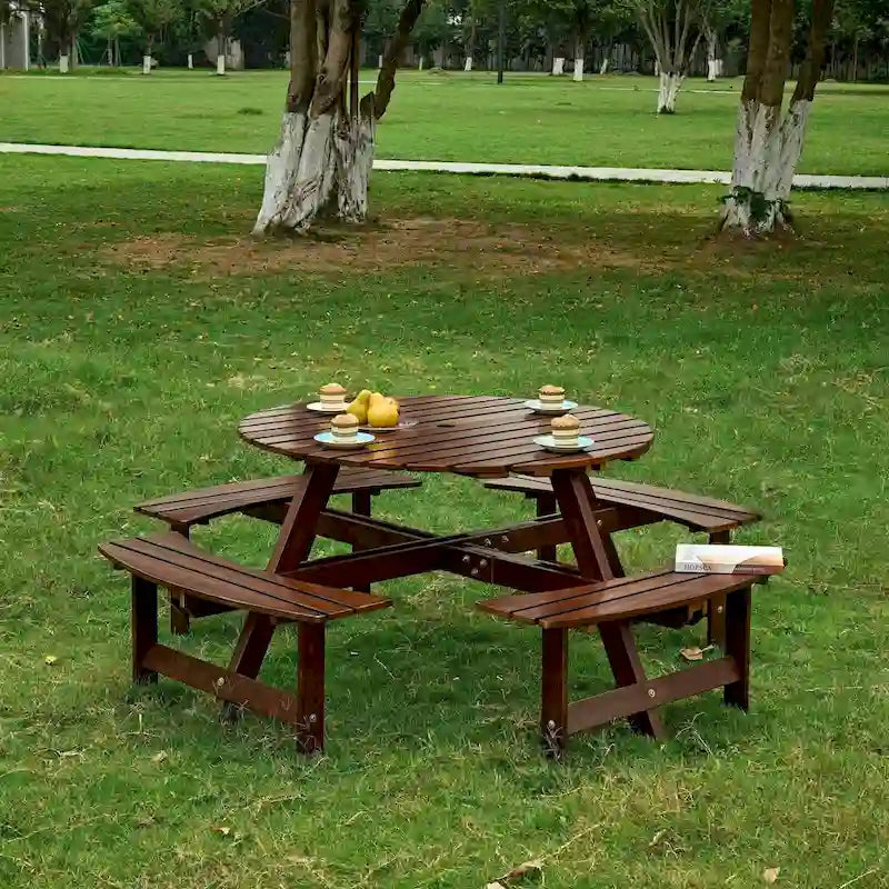 8-Person Round Outdoor Picnic Table with 4 Double Benches